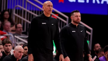 Mar 1, 2025; Houston, Texas, USA; Sacramento Kings head coach Doug Christie on the sideline against the Houston Rockets during the first quarter at Toyota Center. Mandatory Credit: Erik Williams-Imagn Images