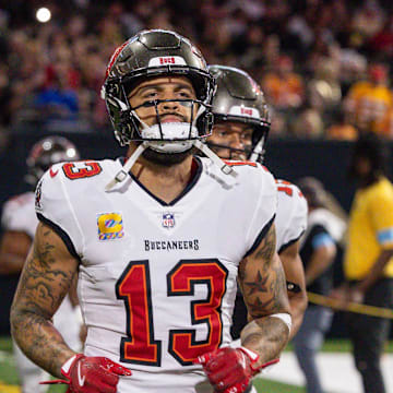 Oct 13, 2024; New Orleans, Louisiana, USA;  Tampa Bay Buccaneers wide receiver Mike Evans (13) runs on the field agains the New Orleans Saints during the first half at Caesars Superdome. Mandatory Credit: Stephen Lew-Imagn Images