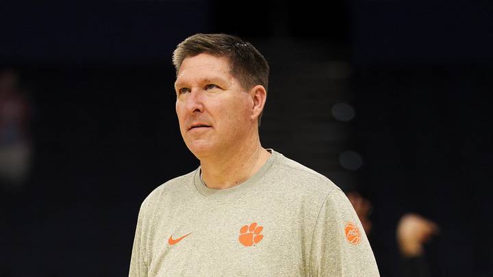 Mar 19, 2026; Tampa, FL, USA; Clemson Tigers head coach Brad Brownell looks on during a practice session ahead of the first round of the men's 2026 NCAA Tournament at Benchmark International Arena. Mandatory Credit: Nathan Ray Seebeck-Imagn Images