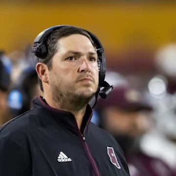 Sep 7, 2024; Tempe, Arizona, USA; Mississippi State Bulldogs head coach Jeff Lebby against the Arizona State Sun Devils at Mountain America Stadium. Mandatory Credit: Mark J. Rebilas-Imagn Images