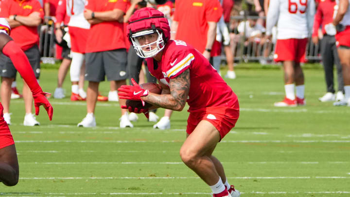 Jul 22, 2024; St. Joseph, MO, USA; Kansas City Chiefs running back Louis Rees-Zammit (9) runs the ball during training camp at Missouri Western State University. Mandatory Credit: Denny Medley-USA TODAY Sports