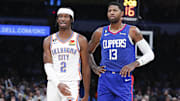 Oklahoma City Thunder guard Shai Gilgeous-Alexander and LA Clippers guard Paul George.