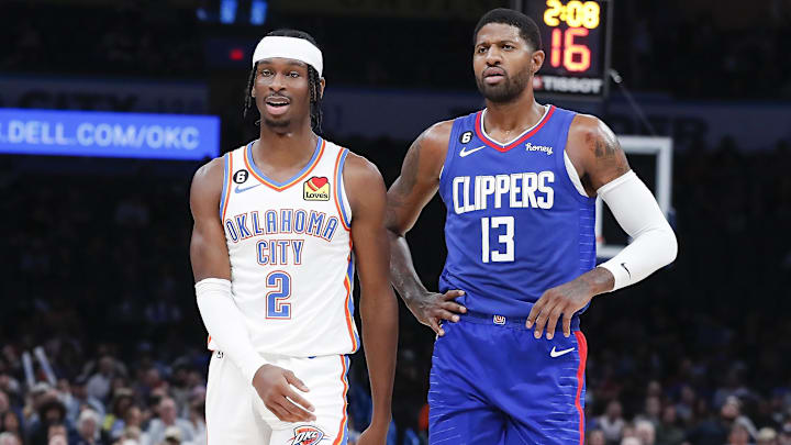 Oklahoma City Thunder guard Shai Gilgeous-Alexander and LA Clippers guard Paul George. Oklahoma City Thunder guard Shai Gilgeous-Alexander and LA Clippers guard Paul George.
