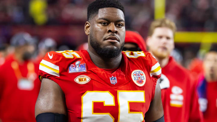 Feb 11, 2024; Paradise, Nevada, USA; Kansas City Chiefs guard Trey Smith (65) against the San Francisco 49ers in Super Bowl LVIII at Allegiant Stadium. Mandatory Credit: Mark J. Rebilas-USA TODAY Sports