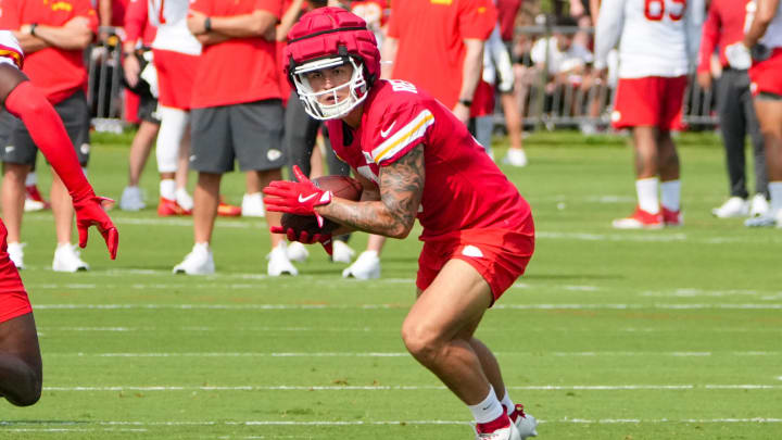 Jul 22, 2024; St. Joseph, MO, USA; Kansas City Chiefs running back Louis Rees-Zammit (9) runs the ball during training camp at Missouri Western State University. Mandatory Credit: Denny Medley-USA TODAY Sports