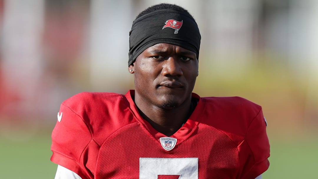 Jul 31, 2025; Tampa, FL, USA; Tampa Bay Buccaneers running back Bucky Irving (7) participates in training camp at AdventHealth Training Center. Mandatory Credit: Nathan Ray Seebeck-Imagn Images