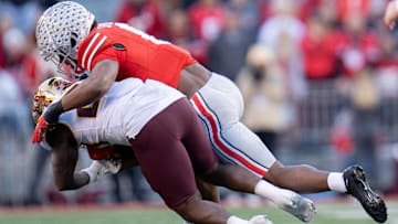 Nov 18, 2023; Columbus, Ohio, USA; 
Ohio State Buckeyes safety Sonny Styles (6) tackles Minnesota
