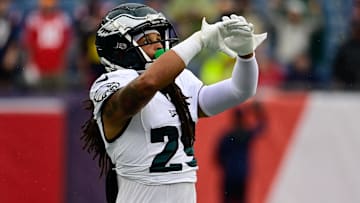 Philadelphia Eagles cornerback Avonte Maddox (29) makes a catch during the warm-up period before a game against the New England Patriots at Gillette Stadium.