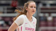 Feb 11, 2022; Stanford, California, USA;  Stanford Cardinal guard Elena Bosgana (20) during the fourth quarter against the Utah Utes at Maples Pavilion. Mandatory Credit: Stan Szeto-Imagn Images
