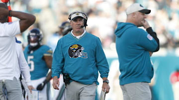 Dec 15, 2024; Jacksonville, Florida, USA; Jacksonville Jaguars head coach Doug Pederson against the New York Jets during the fourth quarter at EverBank Stadium. 