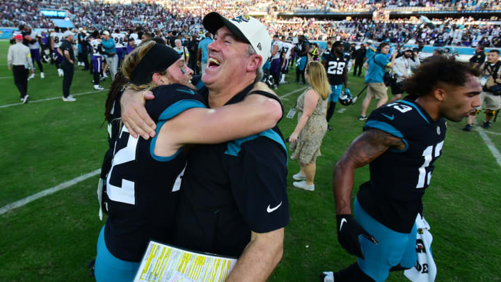 Jacksonville Jaguars head coach Doug Pederson celebrates with Jacksonville Jaguars safety Andrew