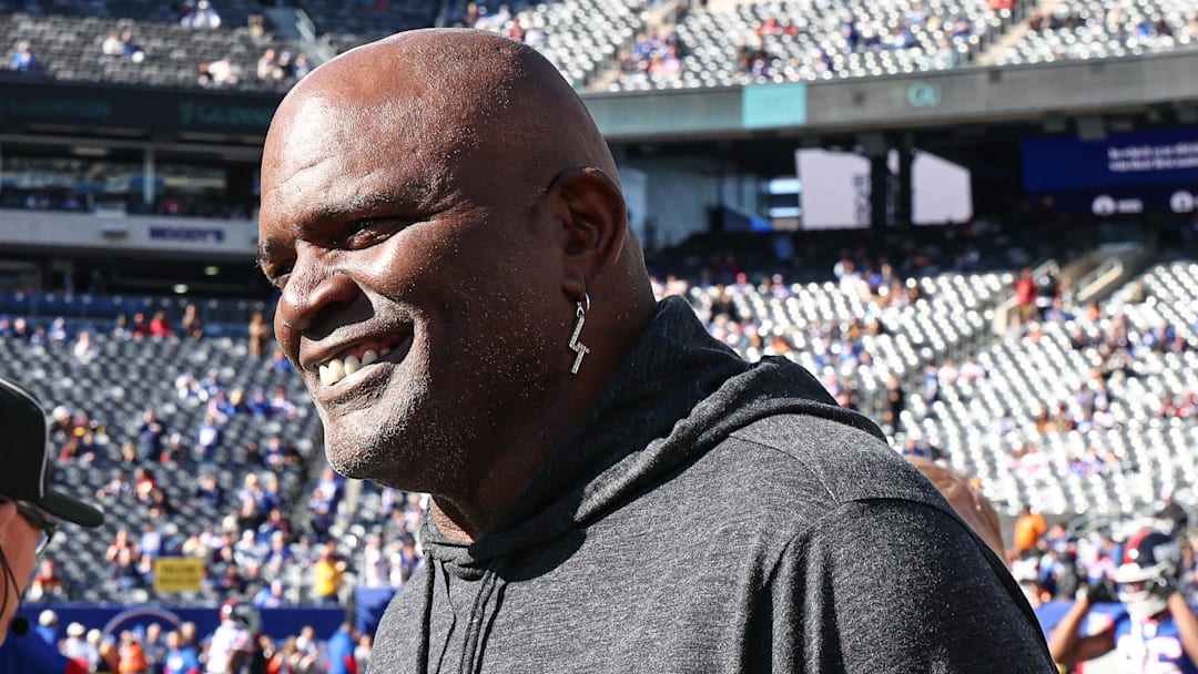 Nov 3, 2024; East Rutherford, New Jersey, USA; Former New York Giants linebacker Lawrence Taylor on the field before the game between the Giants and the Washington Commanders at MetLife Stadium.  