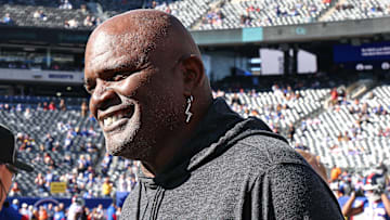 Nov 3, 2024; East Rutherford, New Jersey, USA; Former New York Giants linebacker Lawrence Taylor on the field before the game between the Giants and the Washington Commanders at MetLife Stadium.  