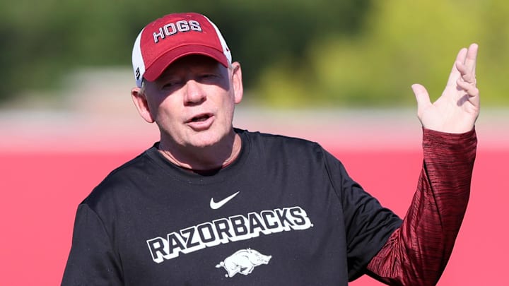 Arkansas Razorbacks offensive coordinator and quarterbacks coach Bobby Petrino during fall camp practices.