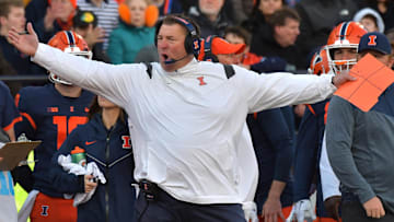 Nov 5, 2022; Champaign, Illinois, USA;  Illinois Fighting Illini head coach Bret Bielema reacts during the first half against the Michigan State Spartans at Memorial Stadium. Mandatory Credit: Ron Johnson-Imagn Images