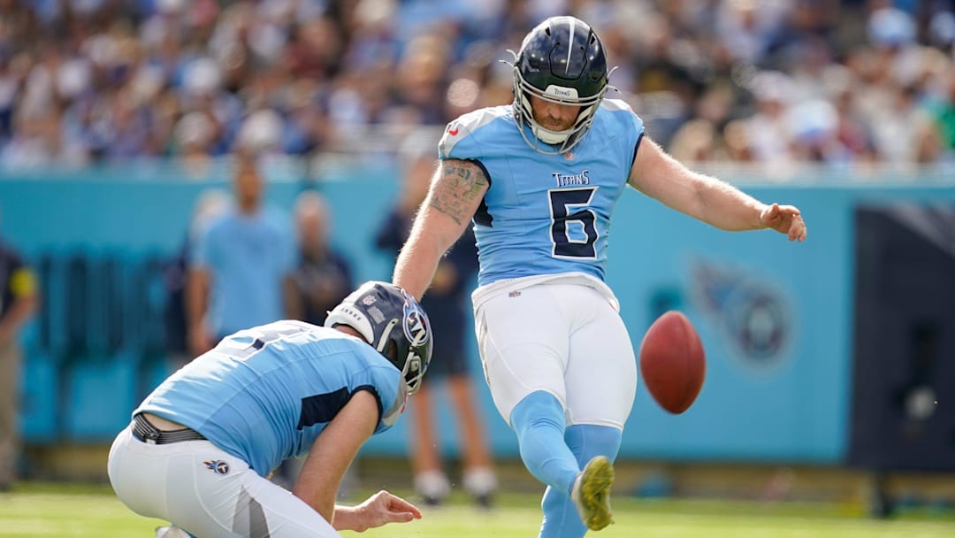 Dec 28, 2025; Nashville, Tennessee, USA; Tennessee Titans place kicker Joey Slye (6) kicks a field goal during the first quarter against the New Orleans Saints  at Nissan Stadium. Mandatory Credit: Andrew Nelles-USA TODAY Network via Imagn Images
