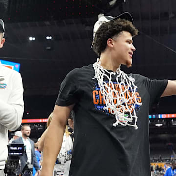 Apr 7, 2025; San Antonio, TX, USA; Florida Gators guard Walter Clayton Jr. (1) celebrates after winning the national championship game of the Final Four of the 2025 NCAA Tournament at the Alamodome. Mandatory Credit: Bob Donnan-Imagn Images