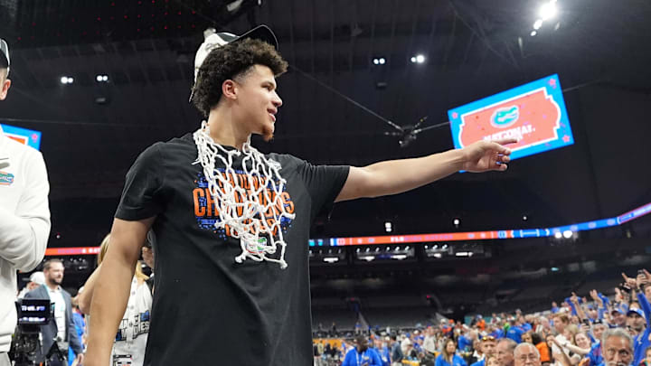 Apr 7, 2025; San Antonio, TX, USA; Florida Gators guard Walter Clayton Jr. (1) celebrates after winning the national championship game of the Final Four of the 2025 NCAA Tournament at the Alamodome. Mandatory Credit: Bob Donnan-Imagn Images