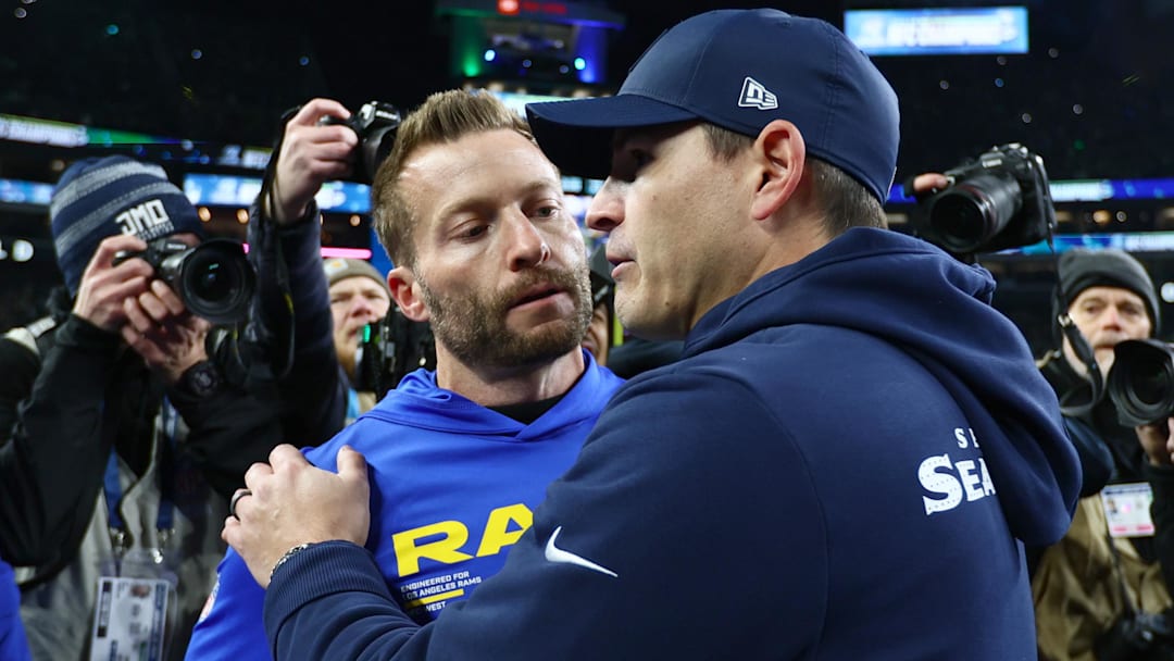 Jan 25, 2026; Seattle, WA, USA; Seattle Seahawks head coach Mike MacDonald greets Los Angeles Rams head coach Sean McVay on field after the 2026 NFC Championship Game at Lumen Field. Mandatory Credit: Kevin Ng-Imagn Images