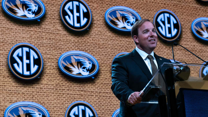 Missouri Head Coach Eliah Drinkwitz addresses the media at the 2023 SEC Football Kickoff Media Days at the Nashville Grand Hyatt on Broadway, Monday, July 17, 2023.