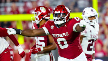 Aug 30, 2024; Norman, Oklahoma, USA;  Oklahoma Sooners defensive lineman David Stone (0) reacts during the second half against the Temple Owls at Gaylord Family-Oklahoma Memorial Stadium. Mandatory Credit: Kevin Jairaj-Imagn Images