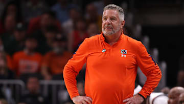 Mar 30, 2025; Atlanta, GA, USA; Auburn Tigers head coach Bruce Pearl during the first half in the South Regional final of the 2025 NCAA tournament against the Michigan State Spartans at State Farm Arena. Mandatory Credit: Brett Davis-Imagn Images