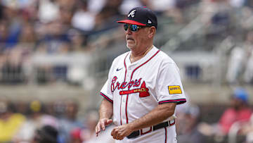 Apr 20, 2025; Cumberland, Georgia, USA; Atlanta Braves manager Brian Snitker (43) on the field during the game against the Minnesota Twins during the sixth inning at Truist Park. Mandatory Credit: Dale Zanine-Imagn Images