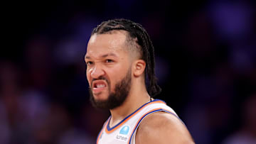 May 19, 2024; New York, New York, USA; New York Knicks guard Jalen Brunson (11) reacts during the third quarter of game seven of the second round of the 2024 NBA playoffs against the Indiana Pacers at Madison Square Garden. Mandatory Credit: Brad Penner-Imagn Images