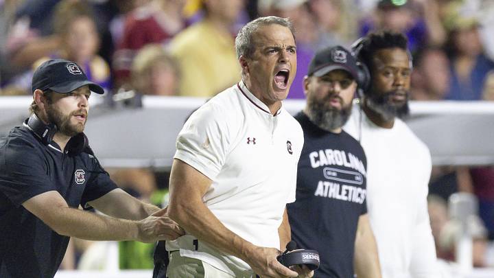 Oct 11, 2025; Baton Rouge, Louisiana, USA;  South Carolina Gamecocks head coach Shane Beamer reacts to a play against the LSU Tigers during the second half at Tiger Stadium. Mandatory Credit: Stephen Lew-Imagn Images