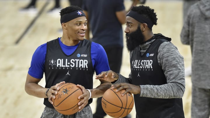 Feb 15, 2020; Chicago, Illinois, USA; Houston Rockets players Russell Westbrook and James Harden discuss during media day for the NBA All Star Game at Wintrust. Mandatory Credit: Quinn Harris-USA TODAY Sports