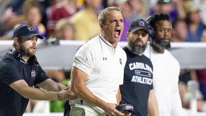 Oct 11, 2025; Baton Rouge, Louisiana, USA;  South Carolina Gamecocks head coach Shane Beamer reacts to a play against the LSU Tigers during the second half at Tiger Stadium. Mandatory Credit: Stephen Lew-Imagn Images