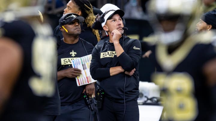 Aug 25, 2024; New Orleans, Louisiana, USA;  New Orleans Saints head coach Dennis Allen looks on against the Tennessee Titans during the second half at Caesars Superdome. Mandatory Credit: Stephen Lew-USA TODAY Sports