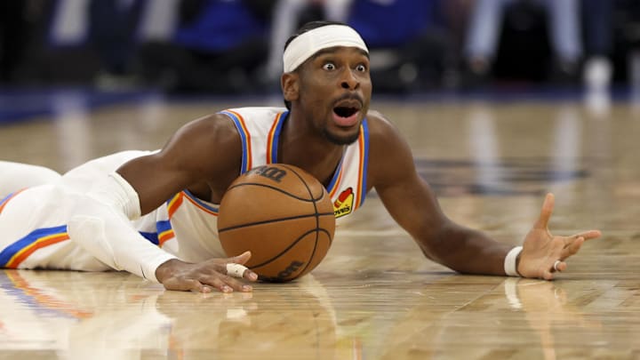 Mar 17, 2026; Orlando, Florida, USA; Oklahoma City Thunder guard Shai Gilgeous-Alexander (2) reacts after a loose ball against the Orlando Magic in the second quarter at Kia Center. Mandatory Credit: Nathan Ray Seebeck-Imagn Images