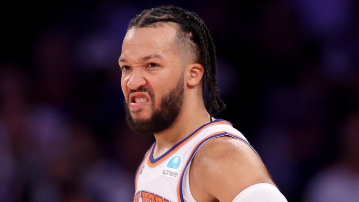 May 19, 2024; New York, New York, USA; New York Knicks guard Jalen Brunson (11) reacts during the third quarter of game seven of the second round of the 2024 NBA playoffs against the Indiana Pacers at Madison Square Garden. Mandatory Credit: Brad Penner-USA TODAY Sports