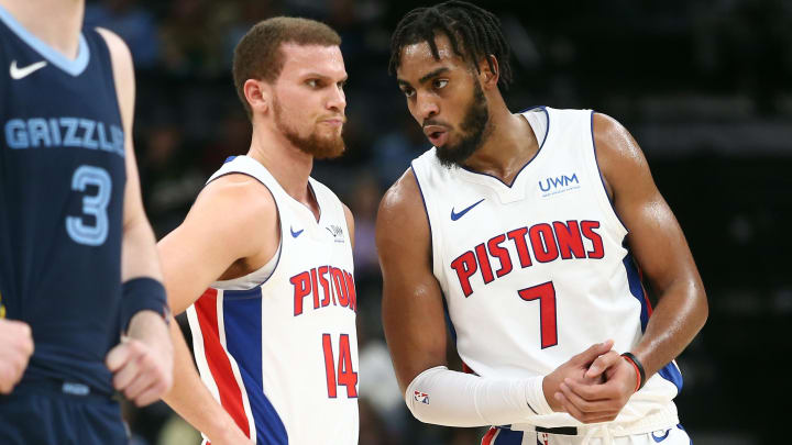 Apr 5, 2024; Memphis, Tennessee, USA; Detroit Pistons guard Malachi Flynn (18) and Detroit Pistons forward Troy Brown Jr. (7) talk during the second half against the Memphis Grizzlies at FedExForum. Mandatory Credit: Petre Thomas-USA TODAY Sports