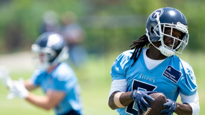 Wide receiver Calvin Ridley (0) runs after a catch during Tennessee Titans practice at Ascension Saint Thomas Sports Park in Nashville, Tenn., Wednesday, May 29, 2024.