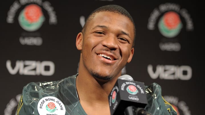 Dec 30, 2011; Los Angeles, CA, USA; Oregon Ducks running back LaMichael James (21) talks to reporters at the 2012 Rose Bowl media day at the Marriott Los Angeles Downtown. Mandatory Credit: Kirby Lee/Image of Sport-Imagn Images