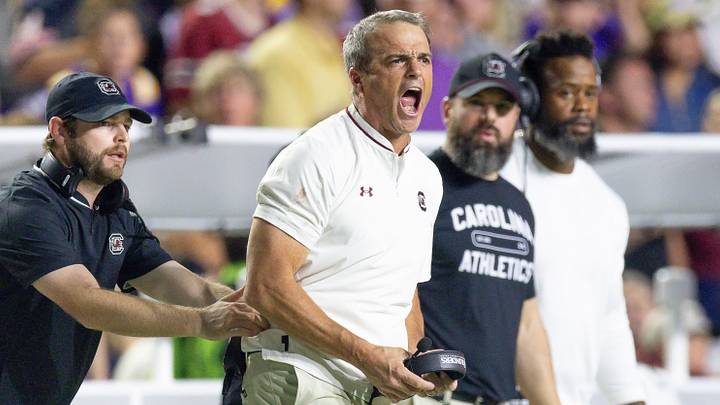 Oct 11, 2025; Baton Rouge, Louisiana, USA;  South Carolina Gamecocks head coach Shane Beamer reacts to a play against the LSU Tigers during the second half at Tiger Stadium. Mandatory Credit: Stephen Lew-Imagn Images