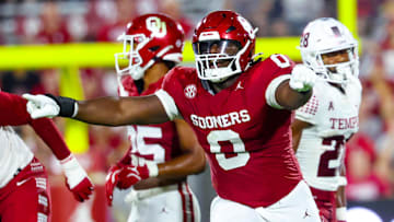 Aug 30, 2024; Norman, Oklahoma, USA;  Oklahoma Sooners defensive lineman David Stone (0) reacts during the second half against the Temple Owls at Gaylord Family-Oklahoma Memorial Stadium. Mandatory Credit: Kevin Jairaj-Imagn Images