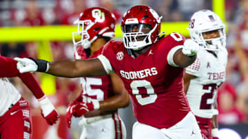 Aug 30, 2024; Norman, Oklahoma, USA;  Oklahoma Sooners defensive lineman David Stone (0) reacts during the second half against the Temple Owls at Gaylord Family-Oklahoma Memorial Stadium. Mandatory Credit: Kevin Jairaj-Imagn Images