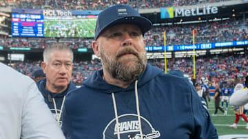 New York Giants head coach Brian Daboll shakes hands with San Francisco 49ers head coach Kyle Shanahan after a week 9 game between New York Giants and San Francisco 49ers at MetLife Stadium on Sunday, Nov. 2, 2025.