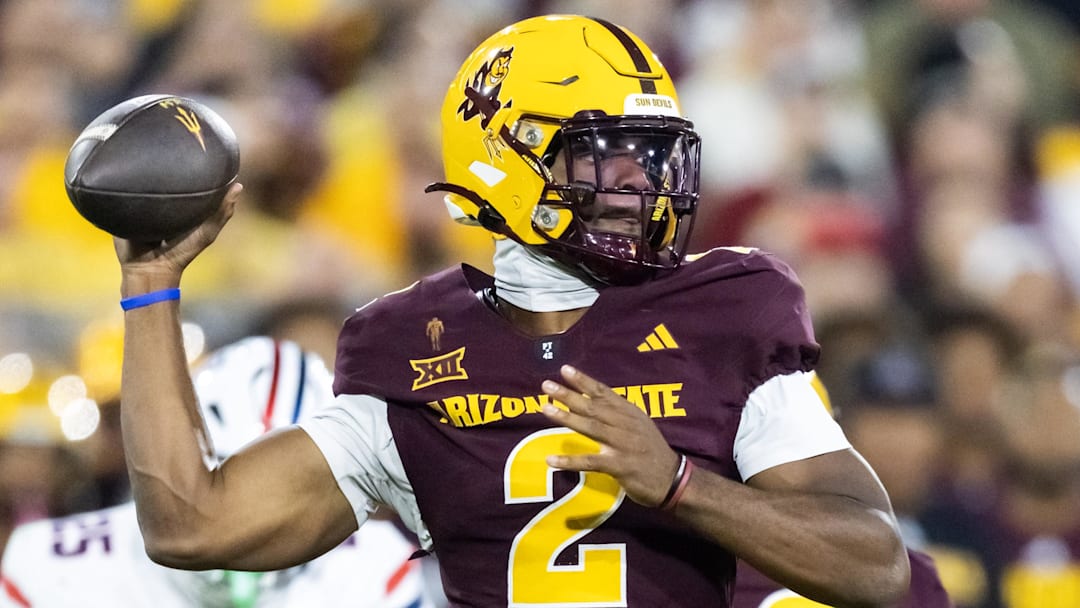 Nov 28, 2025; Tempe, Arizona, USA; Arizona State Sun Devils quarterback Jeff Sims (2) against the Arizona Wildcats during the 99th Territorial Cup at Mountain America Stadium. Mandatory Credit: Mark J. Rebilas-Imagn Images