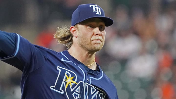 Sep 24, 2025; Baltimore, Maryland, USA; Tampa Bay Rays pitcher Shane Baz (11) throws pitch in the first inning against the Baltimore Orioles at Oriole Park at Camden Yards. Mandatory Credit: Mitch Stringer-Imagn Images