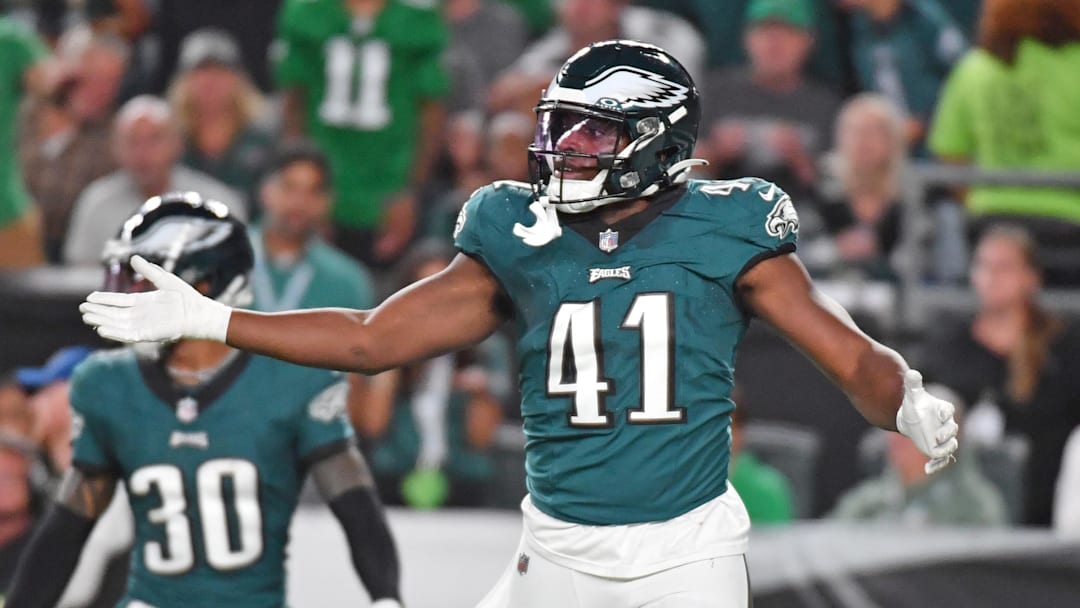 Sep 14, 2023; Philadelphia, Pennsylvania, USA; Philadelphia Eagles linebacker Nicholas Morrow (41) against the Minnesota Vikings at Lincoln Financial Field. Mandatory Credit: Eric Hartline-Imagn Images