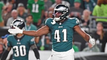 Sep 14, 2023; Philadelphia, Pennsylvania, USA; Philadelphia Eagles linebacker Nicholas Morrow (41) against the Minnesota Vikings at Lincoln Financial Field. Mandatory Credit: Eric Hartline-Imagn Images