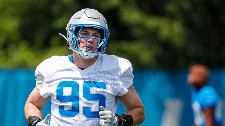 Detroit Lions defensive lineman Mathieu Betts (95) practices during mini camp at Detroit Lions headquarters and practice facility in Allen Park on Tuesday, June 4, 2024.