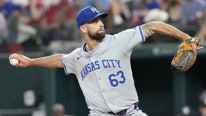 Jun 21, 2024; Arlington, Texas, USA; Kansas City Royals relief pitcher Nick Anderson (63) delivers a pitch to the Texas Rangers during the eighth inning at Globe Life Field. 