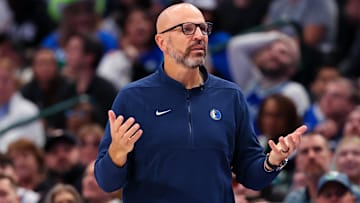 Mar 17, 2024; Dallas, Texas, USA;  Dallas Mavericks head coach Jason Kidd  reacts during the second quarter against the Denver Nuggets at American Airlines Center. Mandatory Credit: Kevin Jairaj-Imagn Images