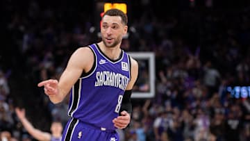 Feb 24, 2025; Sacramento, California, USA; Sacramento Kings guard Zach LaVine (8) reacts after scoring against the Charlotte Hornets during the fourth quarter at Golden 1 Center. Mandatory Credit: Ed Szczepanski-Imagn Images