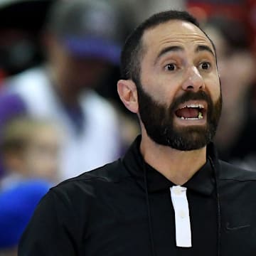 Jul 11, 2019; Las Vegas, NV, USA; Sacramento Kings Summer League head coach Jesse Mermuys is pictured during a game against the Los Angeles Clippers at Cox Pavilion. Mandatory Credit: Stephen R. Sylvanie-Imagn Images